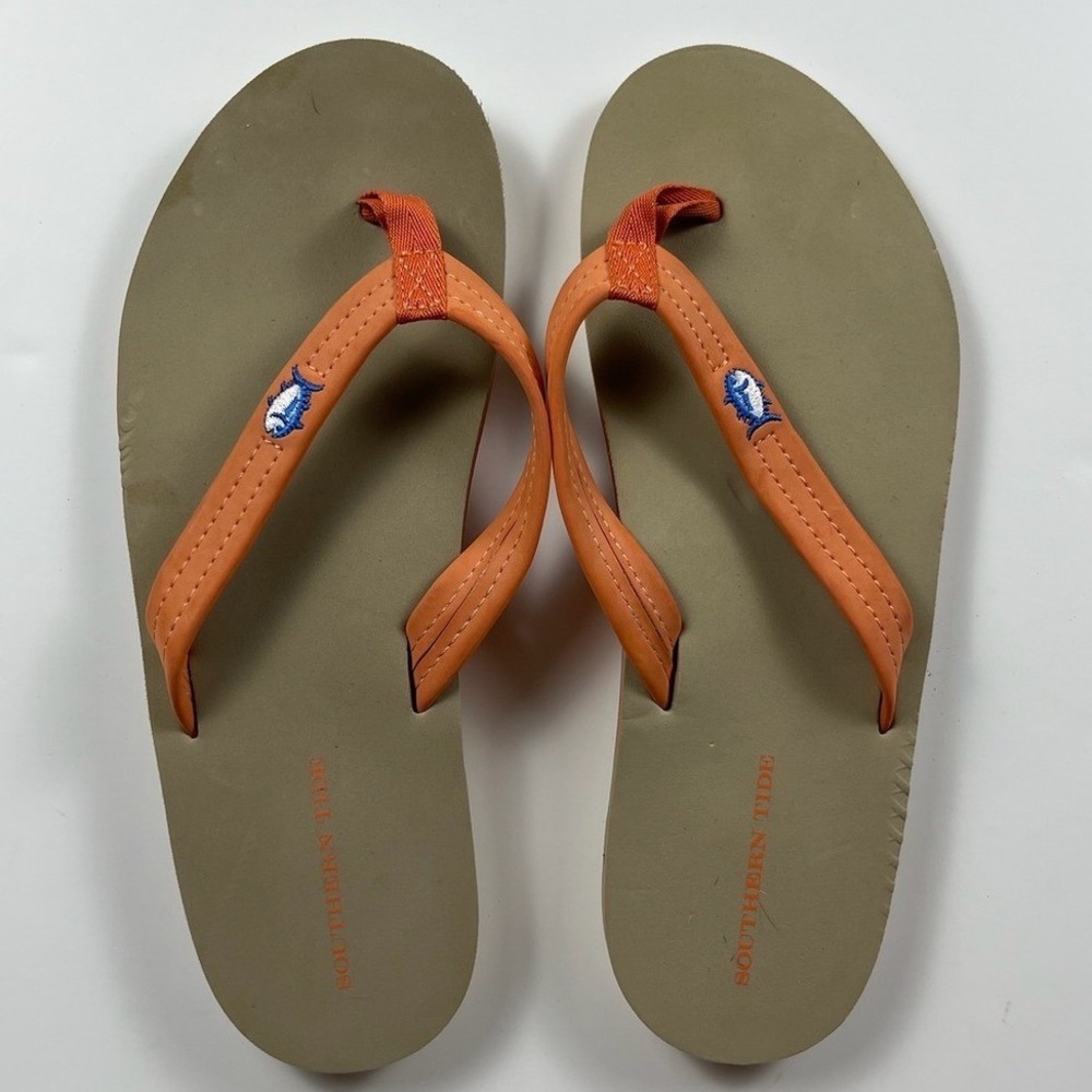 Southern Tide Flipjack Flip Flops Size 9 Orange Khaki Boat Sole Summer Sandals